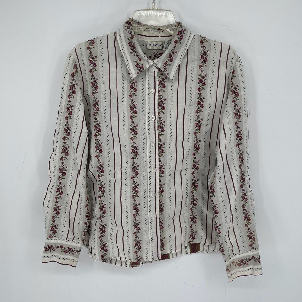 White Stag Women's White Floral Striped Long Sleeve Button Up Shirt Size XL 16